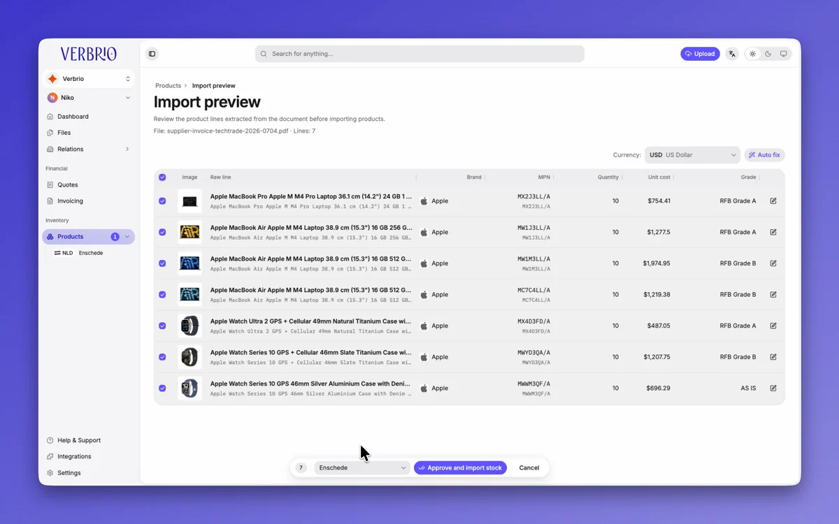 The reviewed import with every line selected and the approve action ready.