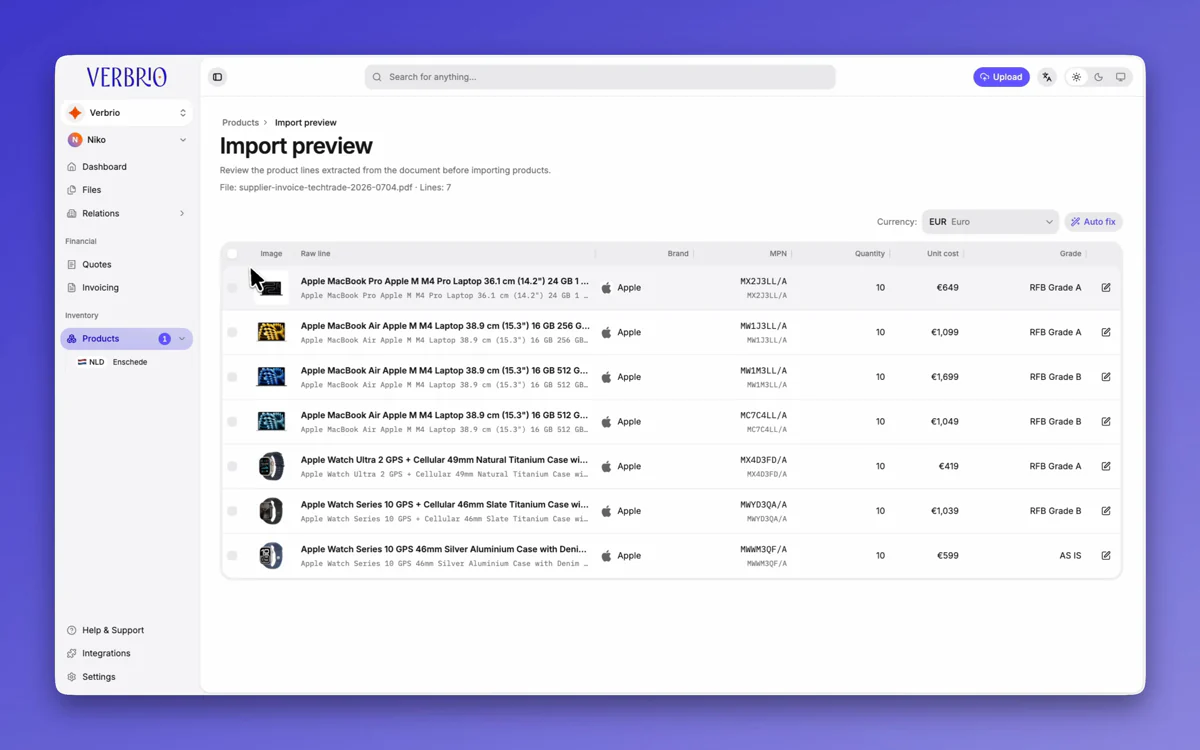The import preview listing seven product lines read from the supplier document.